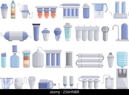 Equipment for water purification icons set. Cartoon set of equipment for water purification vector icons for web design. Equipment for water purification icons set, cartoon style Stock Vector