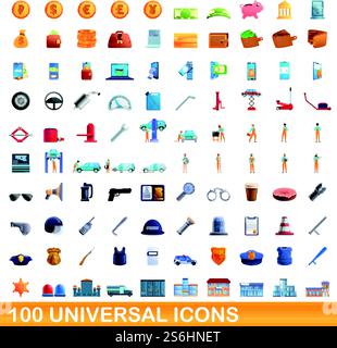 100 universal icons set. Cartoon illustration of 100 universal icons vector set isolated on white background. 100 universal icons set, cartoon style Stock Vector