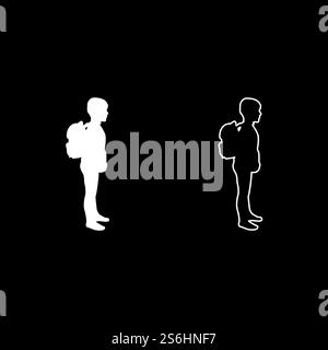 Schoolboy with backpack Pupil stand carrying on back Going to school concept Come back to school idea education Preschooler rucksack first September start lessons knapsack Side view silhouette white color vector illustration solid outline style simple image. Schoolboy with backpack Pupil stand carrying on back Going to school concept Come back to school idea education Preschooler rucksack first September start lessons knapsack Side view silhouette white color vector illustration solid outline style image Stock Vector