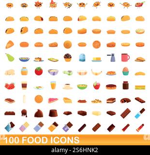 100 food icons set. Cartoon illustration of 100 food icons vector set isolated on white background. 100 food icons set, cartoon style Stock Vector