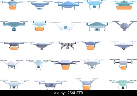 Drone technology icons set. Cartoon set of drone technology vector icons for web design. Drone technology icons set, cartoon style Stock Vector