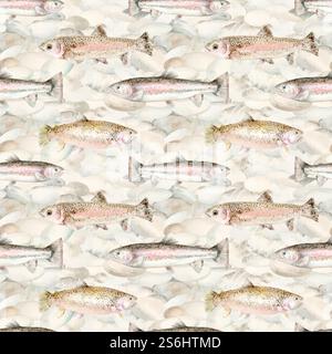 Seamless watercolor pattern with rainbow trout and seashells in natural shades. Realistic hand-painted design ideal for textile design, packaging, fis Stock Photo