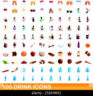 100 drink icons set. Cartoon illustration of 100 drink icons vector set isolated on white background. 100 drink icons set, cartoon style Stock Vector