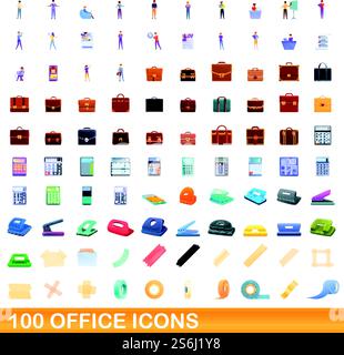 100 office icons set. Cartoon illustration of 100 office icons vector set isolated on white background. 100 office icons set, cartoon style Stock Vector