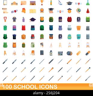 100 school icons set. Cartoon illustration of 100 school icons vector set isolated on white background. 100 school icons set, cartoon style Stock Vector