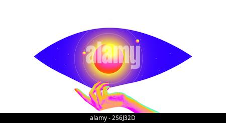 Conceptual art design. Hand presenting glowing planetary system in vibrant tones, showcasing science and metaverse inspiration against white Stock Photo