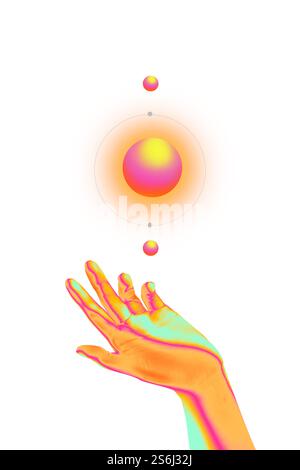 Modern artwork. Hand reaching towards glowing planetary alignment, representing connection between humanity and cosmic innovation. Stock Photo