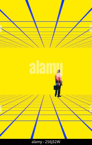 Modern artwork. Single figure walking into bright geometric grid space, symbolizing exploration of infinite possibilities in futuristic worlds. Stock Photo