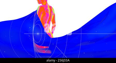 Conceptual art design. Neon figure in abstract blue space, embodying futuristic elegance and technological harmony against vibrant background. Stock Photo