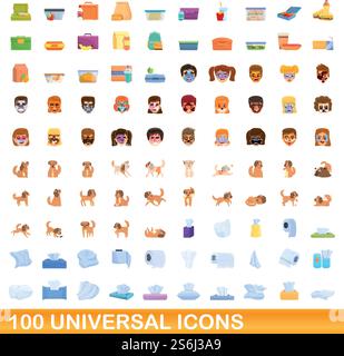 100 universal icons set. Cartoon illustration of 100 universal icons vector set isolated on white background. 100 universal icons set, cartoon style Stock Vector