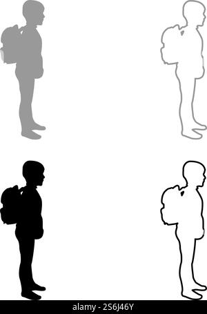 Schoolboy with backpack Pupil stand carrying on back Going to school concept Come back to school idea education Preschooler rucksack first September start lessons knapsack Side view silhouette grey black color vector illustration solid outline style simple image. Schoolboy with backpack Pupil stand carrying on back Going to school concept Come back to school idea education Preschooler rucksack first September start lessons knapsack Side view silhouette grey black color vector illustration solid outline style image Stock Vector