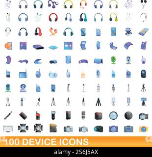 100 device icons set. Cartoon illustration of 100 device icons vector set isolated on white background. 100 device icons set, cartoon style Stock Vector