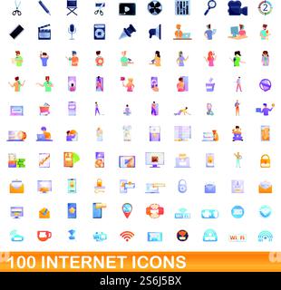 100 internet icons set. Cartoon illustration of 100 internet icons vector set isolated on white background. 100 internet icons set, cartoon style Stock Vector