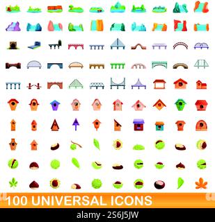 100 universal icons set. Cartoon illustration of 100 universal icons vector set isolated on white background. 100 universal icons set, cartoon style Stock Vector