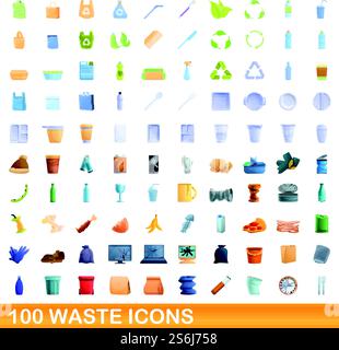 100 waste icons set. Cartoon illustration of 100 waste icons vector set isolated on white background. 100 waste icons set, cartoon style Stock Vector