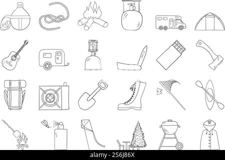 Camping Icon Set. Hand Drawn Doodle Sketch Design. Vector Illustration. Stock Vector