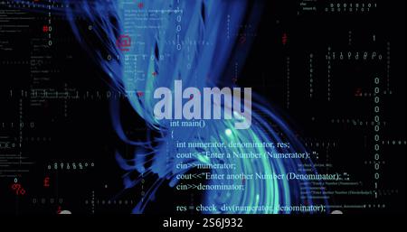 Image of binary coding digital data processing over blue light trails Stock Photo