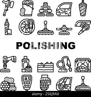 Car Polishing Tool Collection Icons Set Vector. Screwdriver With Different Attachment And Sponges For Car Polishing Body Details And Glass Contour Illustrations. Car Polishing Tool Collection Icons Set Vector Stock Vector