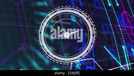 Image of moving clock over scope scanning on black background Stock Photo