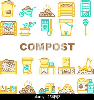 Compost Production Collection Icons Set Vector. Worms In Compost And Potted Plant, Industrial And Household Waste Shredder, Bag And Container Concept Linear Pictograms. Contour Color Illustrations. Compost Production Collection Icons Set Vector Stock Vector