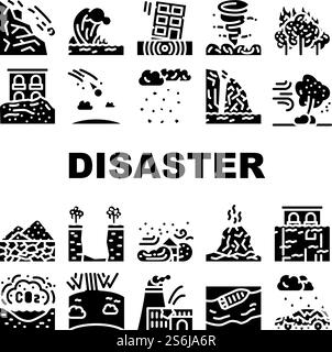 Disaster Destruction Collection Icons Set Vector. Freezing Rain And Heavy Rainfall, Sandstorm And Hurricane, Forest Fire And Drought Disaster Glyph Pictograms Black Illustrations. Disaster Destruction Collection Icons Set Vector Stock Vector