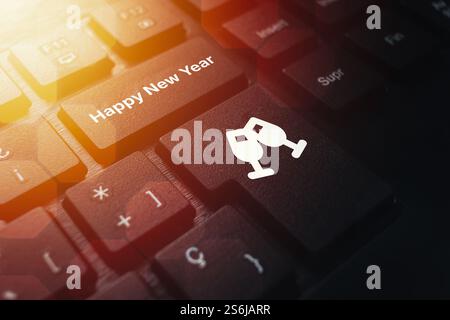PC keyboard with Happy New Year message on button. Planning business growth. Strategy digital marketing. Stock market trends and business. Stock Photo