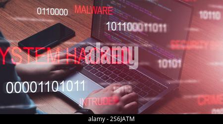 Holographic interface warning of a system hacked. Alert after cyber attack on laptop. Internet virus. Cybercrime concept. Hackers stealing information Stock Photo
