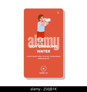 Boy Drinking Water From Bottle In Park Vector. Thirsty Boy Drinking Water From Plastic Packaging On Street. Character Child Refreshing In Hot Summer Day Web Flat Cartoon Illustration. Boy Drinking Water From Bottle In Park Vector Stock Vector