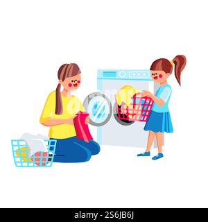 Daughter Girl Helping Mother Doing Laundry Vector. Child Help Mom Sorting And Loading Laundry To Washing Machine From Clothes Basket. Characters Housework Together Flat Cartoon Illustration. Daughter Girl Helping Mother Doing Laundry Vector Stock Vector