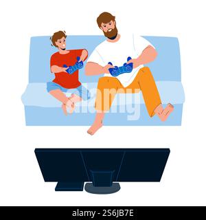 Father And Son Playing Video Games Together Vector. Man And Preteen Boy Holding Joystick Playing Video Games In Living Room. Characters Funny Leisure And Enjoying Time Flat Cartoon Illustration. Father And Son Playing Video Games Together Vector Stock Vector