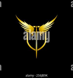 Gold winged sword with shield vector icon. Stock Vector
