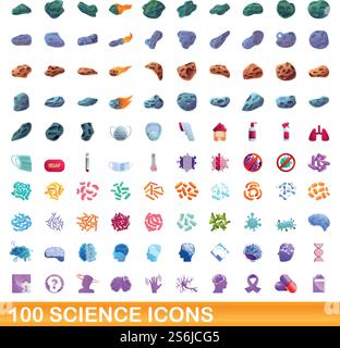 100 science icons set. Cartoon illustration of 100 science icons vector set isolated on white background. 100 science icons set, cartoon style Stock Vector