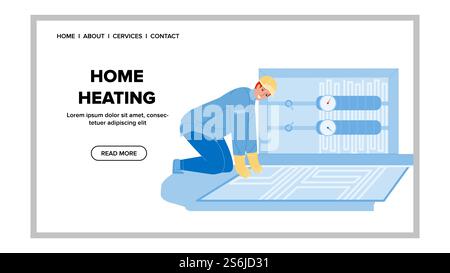 Home Heating System Installing Craftsman Vector. Floor Home Heating Equipment Install Man Engineer. Character Guy Plumber Repairing Climate Technology In Apartment Web Flat Cartoon Illustration. Home Heating System Installing Craftsman Vector Stock Vector