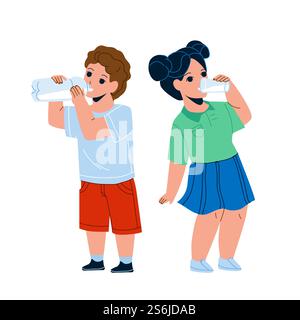 Children Drink Milk From Glass And Bottle Vector. Thirsty Children Drink Water Or Dairy Beverage Together, Boy Drinking From Flask And Girl From Cup. Characters Flat Cartoon Illustration. Children Drink Milk From Glass And Bottle Vector Stock Vector
