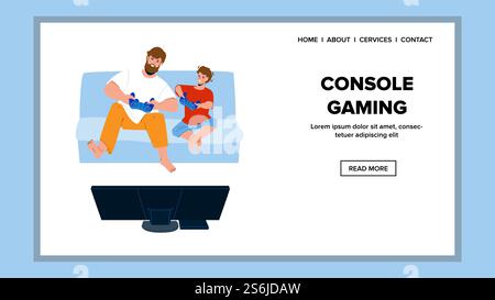 Console Gaming Father And Son Together Vector. Man And Preteen Boy Console Gaming On Living Room Sofa Furniture. Characters Parent And Child Enjoying Video Games Web Flat Cartoon Illustration. Console Gaming Father And Son Together Vector Stock Vector