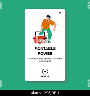 Portable Power Generator Tool Starting Man Vector. Electrical Portable Power Emergency Machine Start Boy. Character Guy With Generating Electricity Energy Web Flat Cartoon Illustration. Portable Power Generator Tool Starting Man Vector Stock Vector