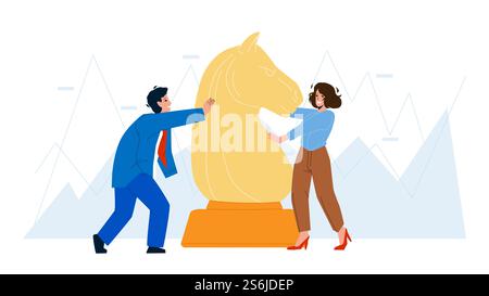 Investment Success Business Occupation Vector. Man And Woman Playing Chess And Moving Horse, Investment In Startup Or Real Estate Mortgage. Characters Businesspeople Flat Cartoon Illustration. Investment Success Business Occupation Vector Stock Vector