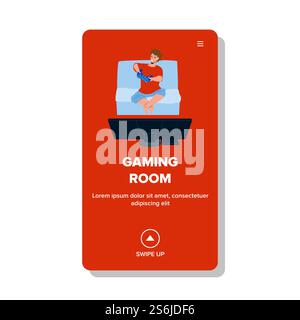 Gaming Room For Playing Console Video Games Vector. Preteen Boy Player Holding Gamepad Play Virtual Simulator In Gaming Room. Character Child Enjoyment Time Web Flat Cartoon Illustration. Gaming Room For Playing Console Video Games Vector Stock Vector