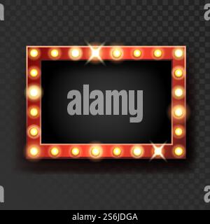 Broadway Sign With Lighting Lamps On Frame Vector. Blank Broadway Advertising Banner With Glowing Lightbulbs, Sparkling Billboard. Vintage Decoration And Signboard Template Realistic 3d Illustration. Broadway Sign With Lighting Lamps On Frame Vector Stock Vector