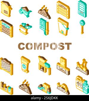 Compost Production Collection Icons Set Vector. Worms In Compost And Potted Plant, Industrial And Household Waste Shredder, Bag And Container Isometric Sign Color Illustrations. Compost Production Collection Icons Set Vector Stock Vector