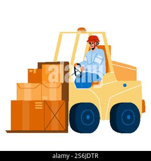 Forklift Worker Driving Truck In Warehouse Vector. Forklift Driver Transportation And Storage Loading Cardboard Boxes. Character Operator Man Shipping Containers Flat Cartoon Illustration. Forklift Worker Driving Truck In Warehouse Vector Stock Vector
