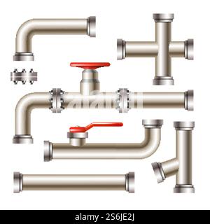 Pipeline With Gate Valve And Faucet Set Vector. Collection Of Steel Metal Water, Oil Or Gas Pipeline And Connection Detail. Sewerage Drainage System Template Realistic 3d Illustrations. Pipeline With Gate Valve And Faucet Set Vector Stock Vector
