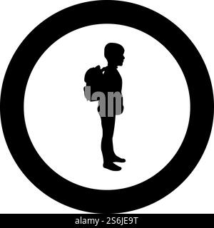 Schoolboy with backpack Pupil stand carrying on back Going to school concept Come back to school idea education Preschooler rucksack first September start lessons knapsack Side view silhouette in circle round black color vector illustration solid outline style simple image. Schoolboy with backpack Pupil stand carrying on back Going to school concept Come back to school idea education Preschooler rucksack first September start lessons knapsack Side view silhouette in circle round black color vector illustration solid outline style image Stock Vector