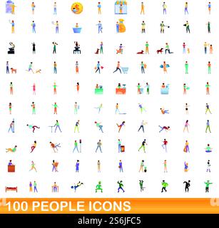 100 people icons set. Cartoon illustration of 100 people icons vector set isolated on white background. 100 people icons set, cartoon style Stock Vector