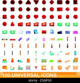100 universal icons set. Cartoon illustration of 100 universal icons vector set isolated on white background. 100 universal icons set, cartoon style Stock Vector