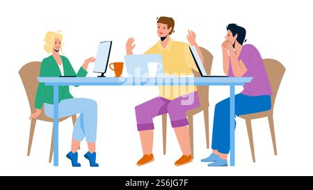 Team Work Together At Table In Office Room Vector. Colleagues Discussion About Project, Brainstorming And Developing Strategy, Employees Team Work. Characters Flat Cartoon Illustration. Team Work Together At Table In Office Room Vector Stock Vector