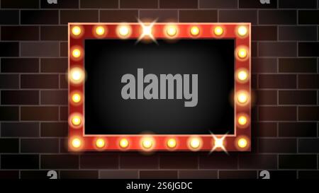 Broadway Signboard With Lighting Lamps Vector. Blank Broadway Advertise Banner With Glowing Lightbulbs Hanging On Brick Wall. Retro Decoration And Signboard Mockup Realistic 3d Illustration. Broadway Signboard With Lighting Lamps Vector Stock Vector