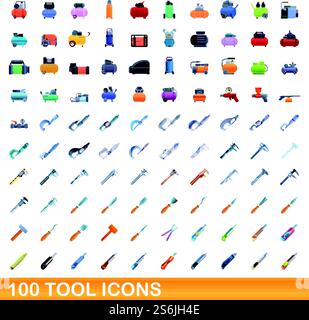100 tool icons set. Cartoon illustration of 100 tool icons vector set isolated on white background. 100 tool icons set, cartoon style Stock Vector