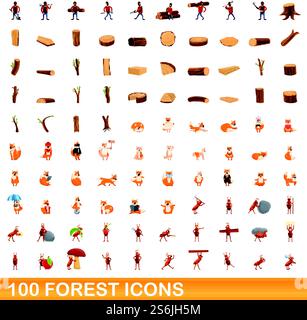 100 forest icons set. Cartoon illustration of 100 forest icons vector set isolated on white background. 100 forest icons set, cartoon style Stock Vector
