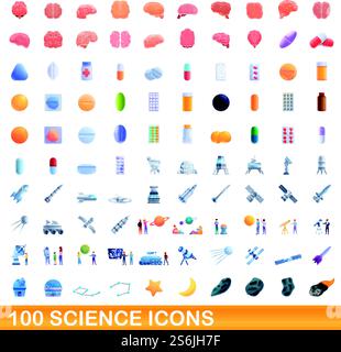 100 science icons set. Cartoon illustration of 100 science icons vector set isolated on white background. 100 science icons set, cartoon style Stock Vector